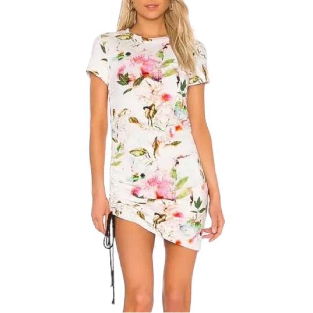 Pam & Gela Short Sleeve Side Shirred Mini Dress Multi floral print slub cotton M - Picture 2 of 12